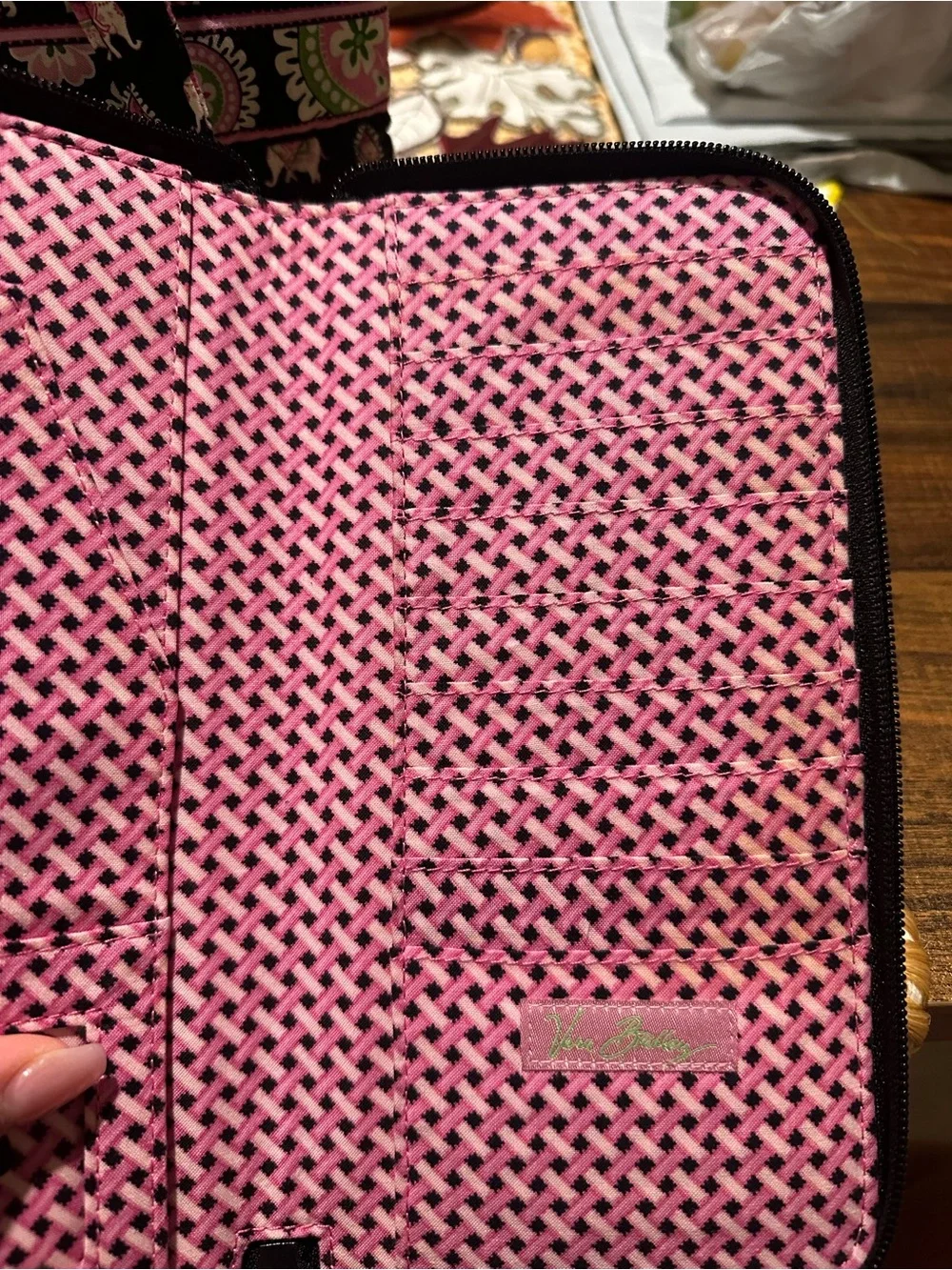 Vera Bradley Black Tote and Pouch with Pink and Green Elephant Print